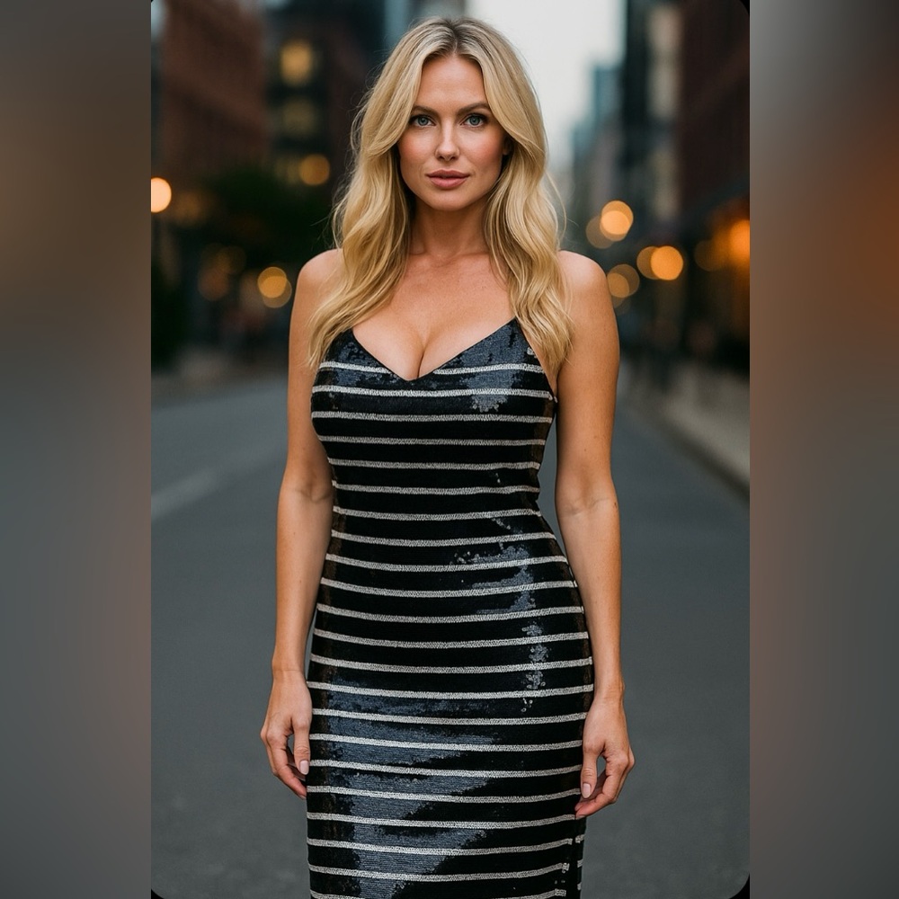 Marie Oliver XXS Spaghetti  Sequence Stripped Black White‎  Cocktail Dress